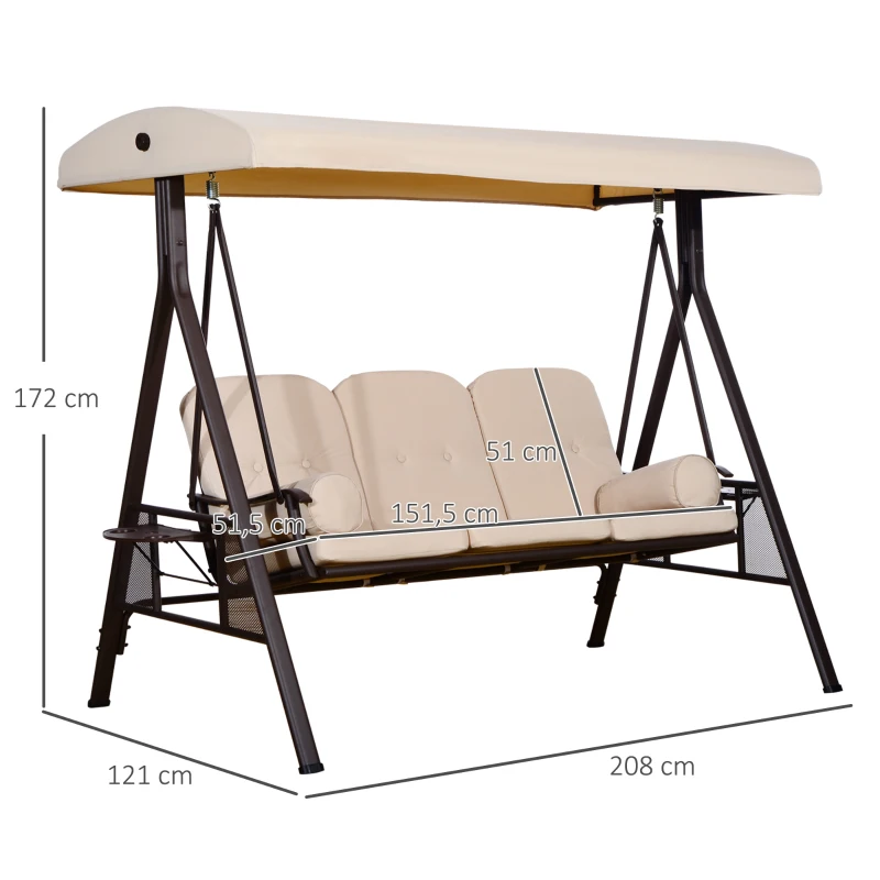 Outsunny Balancelle de Jardin 3 Places Grand Confort Toit Inclinaison réglable Coussins Plateaux rétractables 121x208x172cm beige