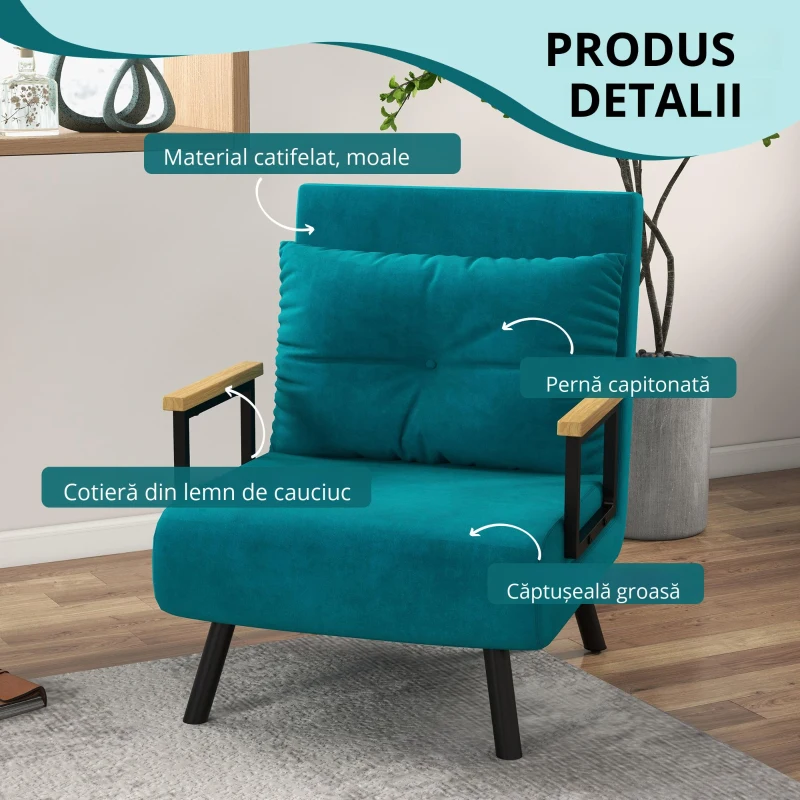 HOMCOM Fotoliu Pat 3 în 1 cu Spătar Rabatabil în 5 poziții și Pernă, 63x73x81 cm, Albastru Închis(m-4)