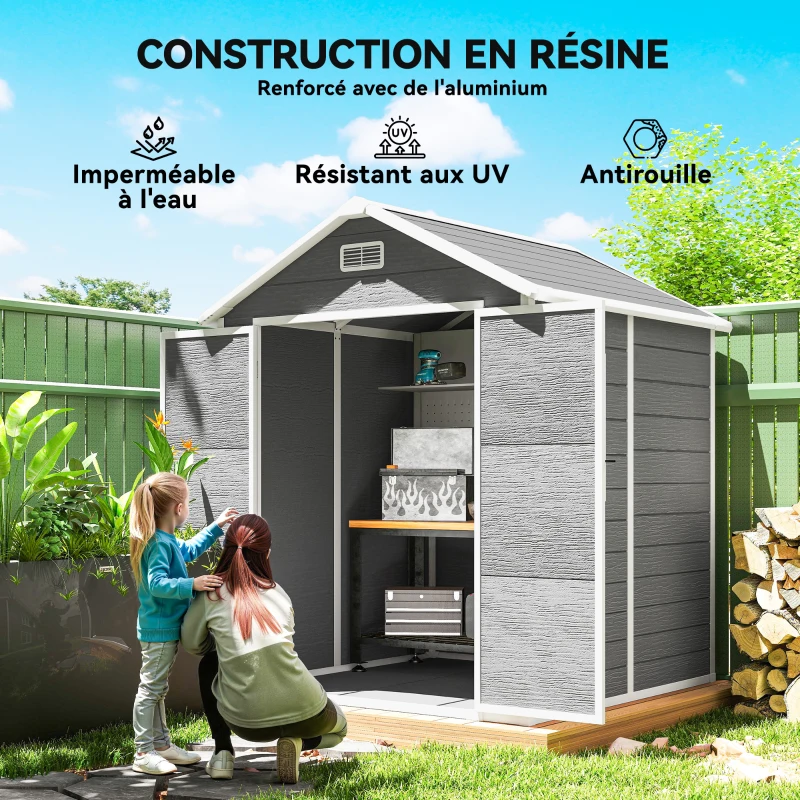 Outsunny Abri de jardin en résine 2,7 m² avec plancher portes à loquet 3 fenêtre structure en aluminium 240 x 190 x 228 cm gris