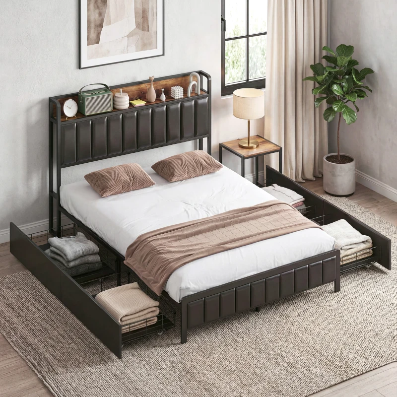 HOMCOM Cadre de lit 140 x 190 cm avec sommier à lattes en métal, lit double rembourré avec 4 tiroirs et étagère, noir