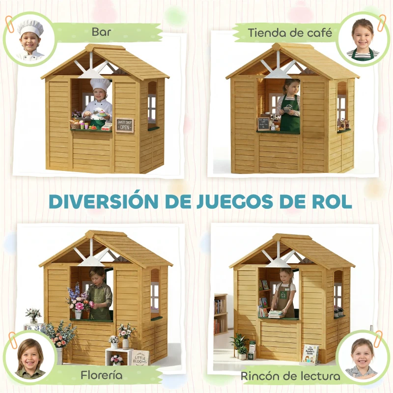 AIYAPLAY Casita Infantil Exterior e Interior de Madera Casita Infantil con 2 Maceteros 3 Ventanas Puerta para 3-8 Años Marrón