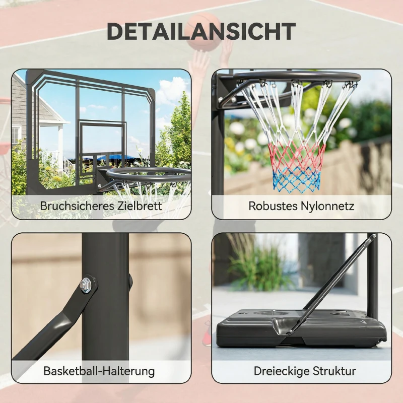 SPORTNOW Coș de Baschet Reglabil pe 6 Înălțimi cu Bază Reîncărcabilă și Roți, din PE, Oțel și Poliester, Negru