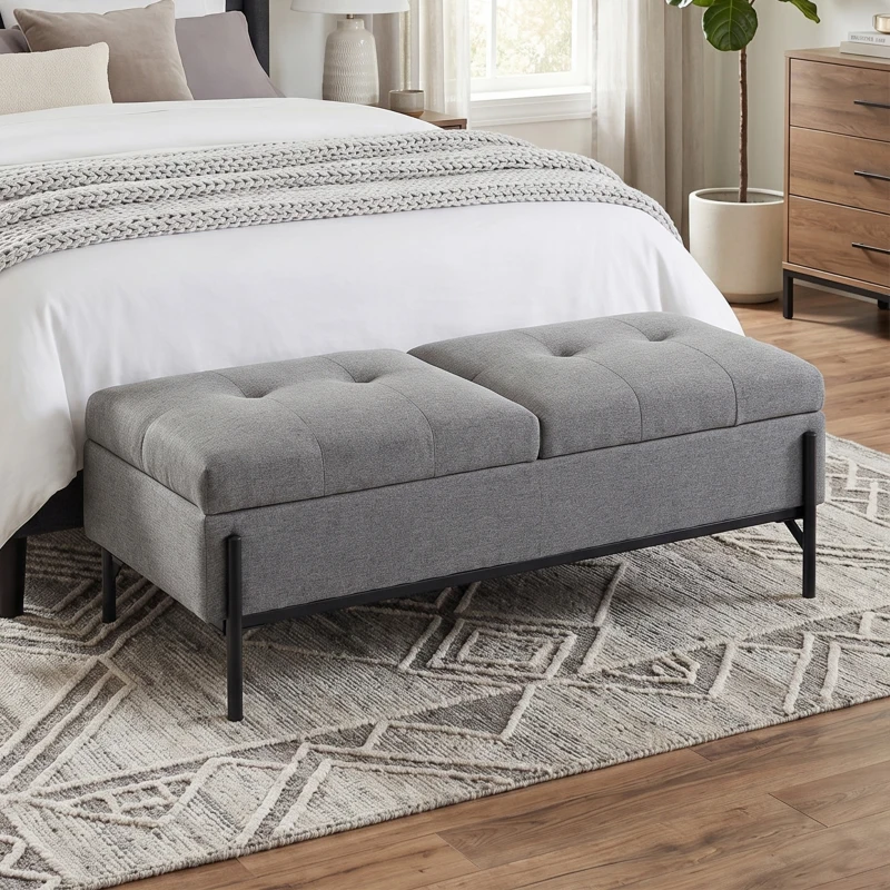 HOMCOM Banco baúl de lino, banco para cama con 2 compartimentos, tapas abatibles y cojín extra grueso, 117 x 50 x 44 cm