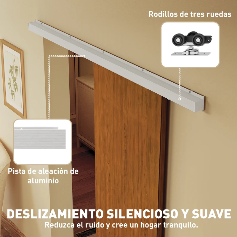 HOMCOM Puerta Corredera con Herrajes 90x210 cm con Rodillo Riel de Aluminio Guía de Suelo Marrón