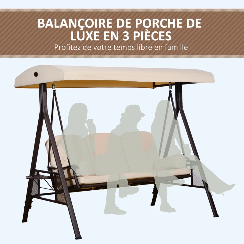 Outsunny Balancelle de Jardin 3 Places Grand Confort Toit Inclinaison réglable Coussins Plateaux rétractables 121x208x172cm beige