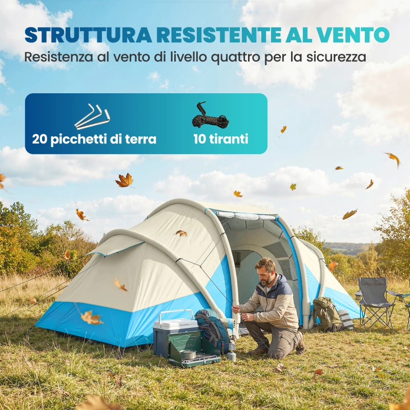 Outsunny Tenda da Campeggio Gonfiabile per 2-4 Persone con 2 Stanze, Facile da Montare, Blu
