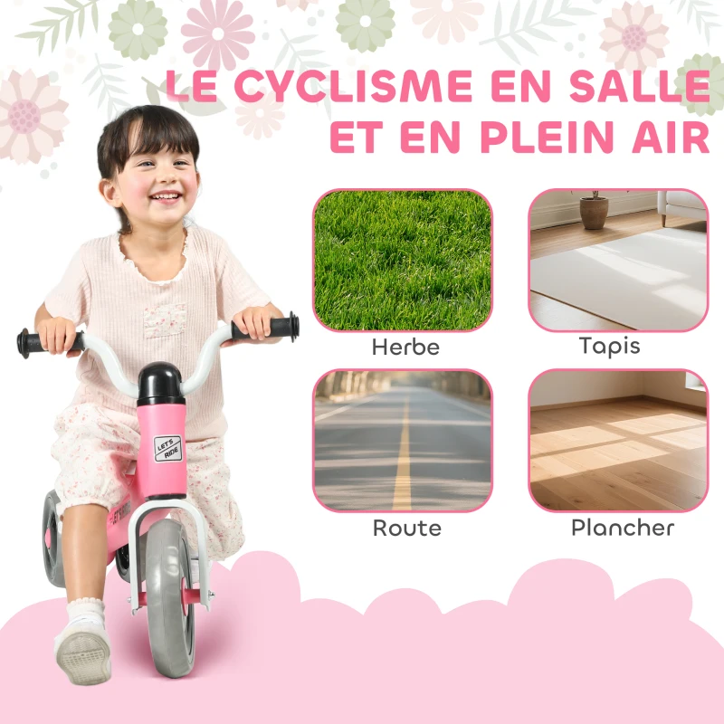 AIYAPLAY Draisienne bébé 1-3 ans jusqu'à 20 kg, vélo enfants sans pédale, 3 roues silencieuses, 69 x 40 x 49 cm, rose