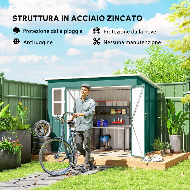 Outsunny Capanno metallico per deposito attrezzi da giardino, con finestra, porta larga, 260 x 177 x 190 cm, Verde