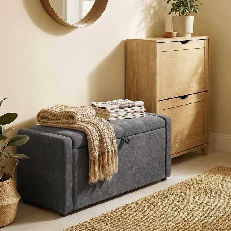 HOMCOM, Bancă de depozitare, suport pentru picioare, Material textil cu efect de in, 122 x 48 x 44 cm, Gri Închis