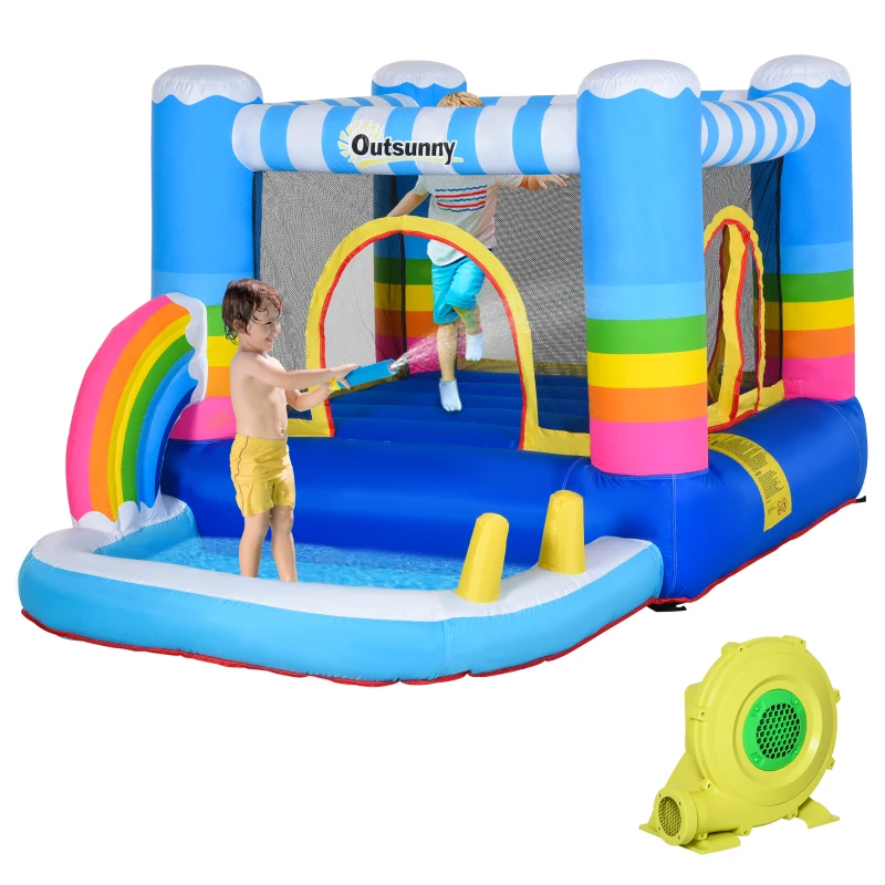 Outsunny Kids Rainbow Bouncy Castle & Pool House Inflatable Trampoline w/ Blower Pump