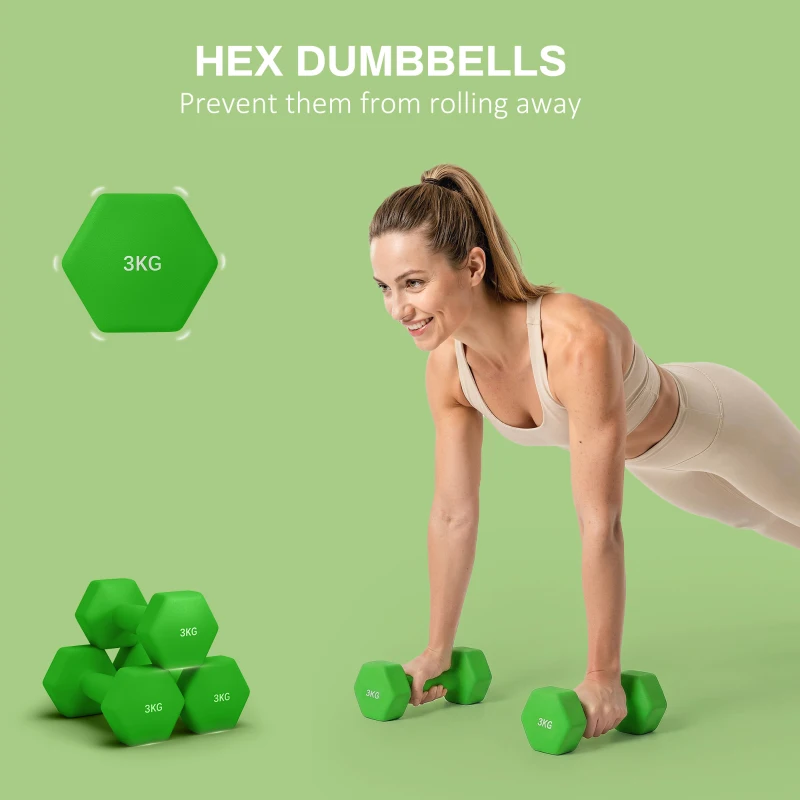 SPORTNOW Set 2 Gantere 3 kg Hexagonale și Antiderapante pentru Acasă și Sală, din Metal și Plastic, 18x8x8 cm, Verde