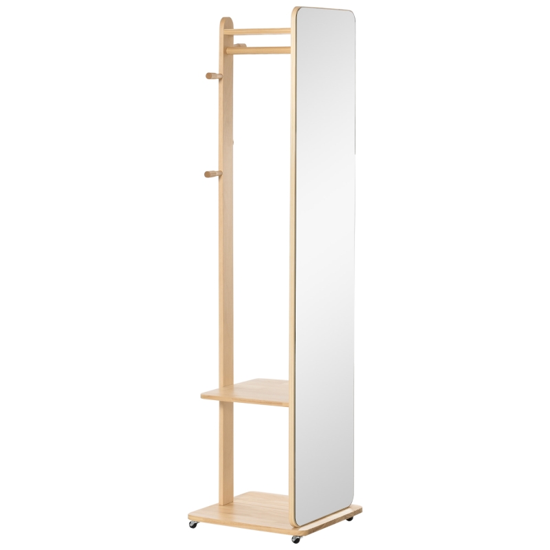 HOMCOM Specchio A Terra Con Ruote - Appendiabiti, 4 Ganci Ripiano MDF Effetto Legno Chiaro