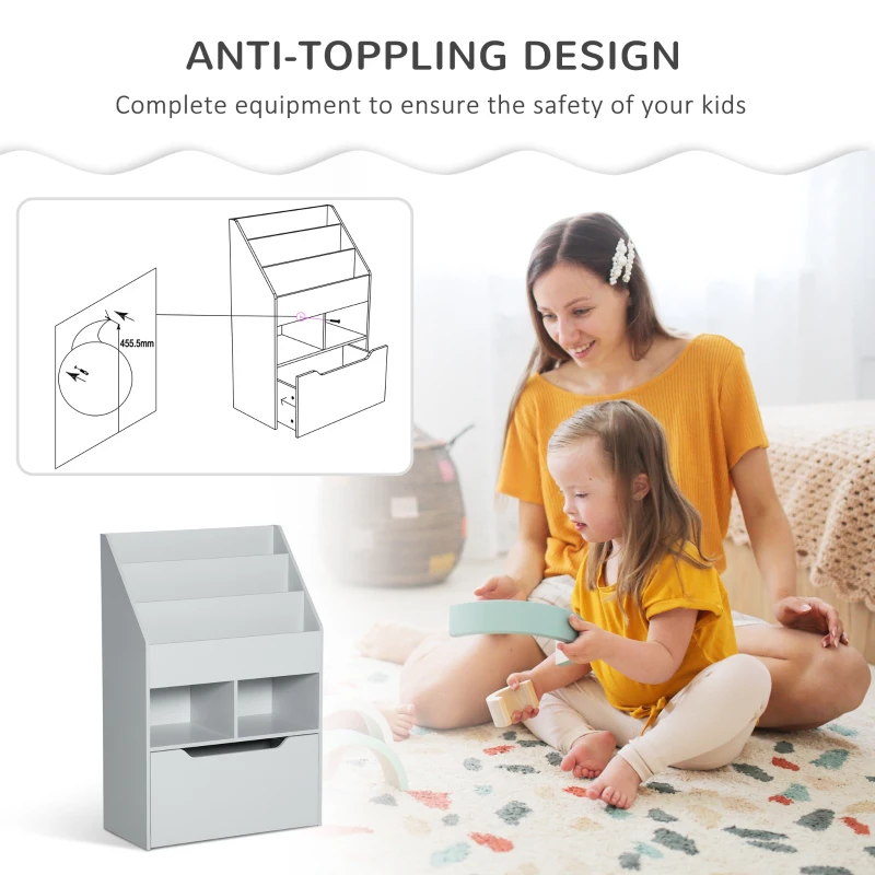 HOMCOM Kids Bookcase Multi-Shelf Rack Organizer with Storage Drawer for Books for Bedroom or Playroom, Grey