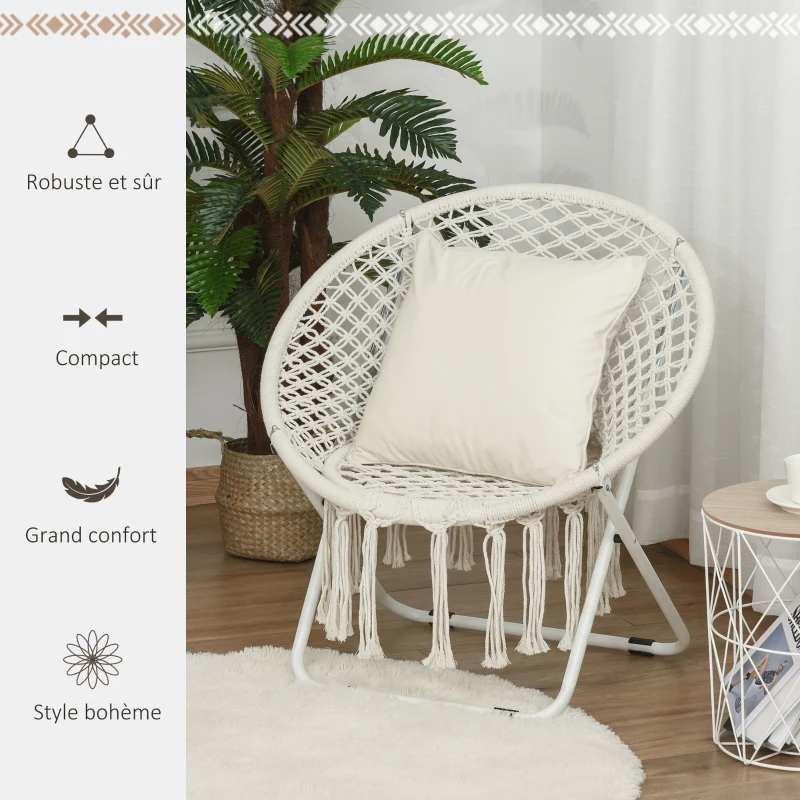 Outsunny Loveuse fauteuil rond de jardin fauteuil lune papasan pliable grand confort macramé coton polyester beige