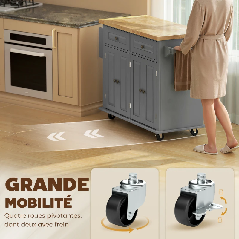 HOMCOM Desserte ilôt de cuisine multi rangements 2 tiroirs 2 placard 2 portes avec étagère range-bouteille porte-torchons et étagère réglable MDF gris hévéa