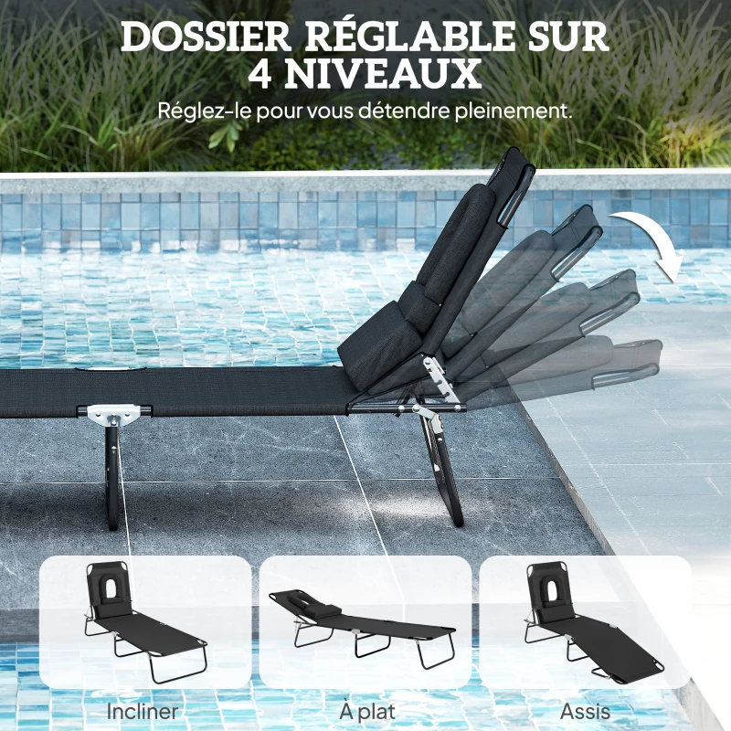 Outsunny Bain de Soleil Pliable transat inclinable 4 Positions Chaise Longue 3 Coussins fournis Noir