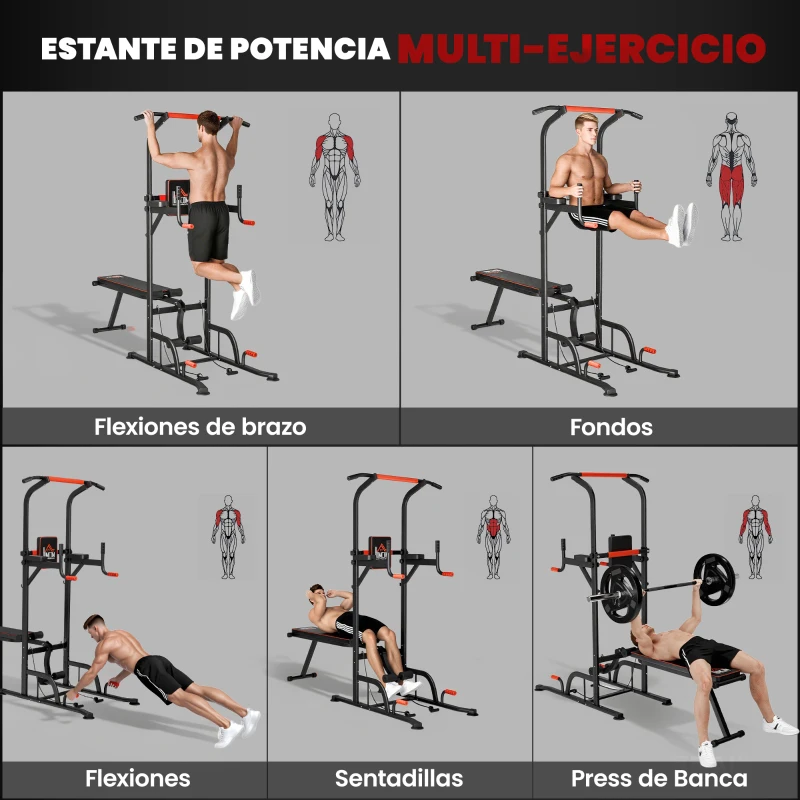 HOMCOM Torre Entrenamiento Energía Power Tower Estación Pull Up Multifuncional Ajustable en Altura con Banco Plegable Barra de Dominadas para Fitness 220x98x181-229 cm Negro