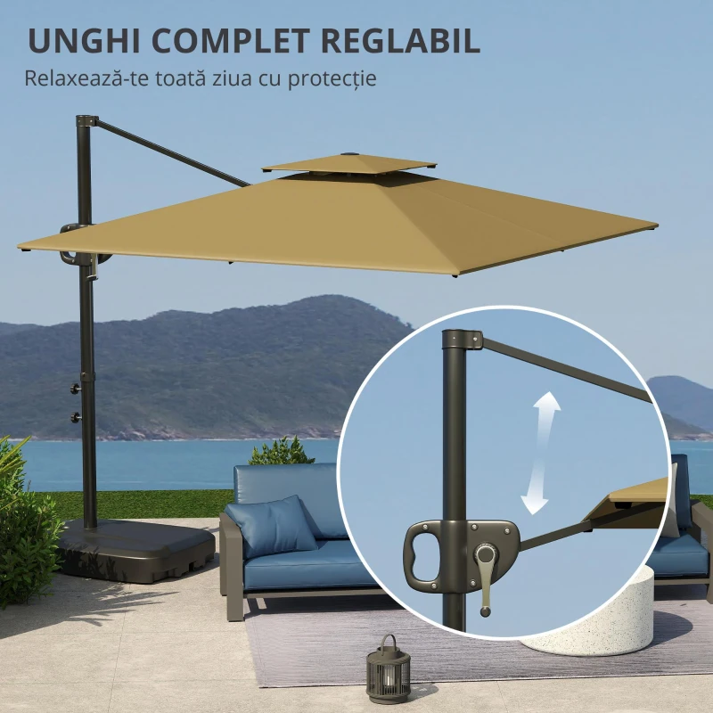 Outsunny Umbrelă de Grădină Decentrata 2.5x2.5 m cu Bază Umplută, Manivelă și Cap Reglabil, Bej
