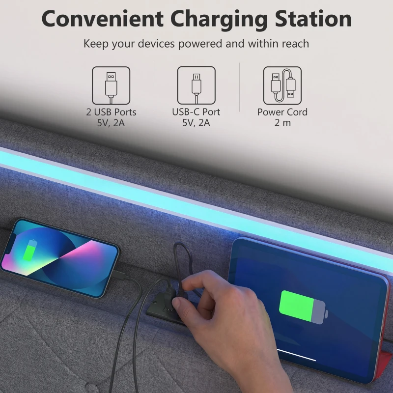 HOMCOM Stelaż łóżka 140 x 200 cm z zagłówkiem i podnóżkiem, platforma z hydraulicznym schowkiem, oświetleniem LED