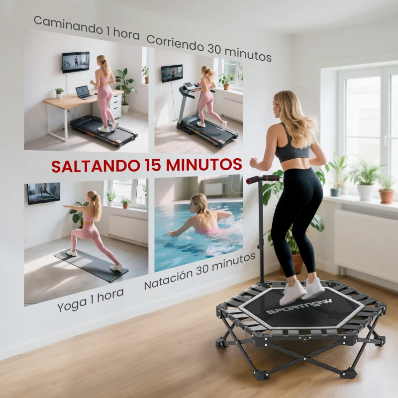 SPORTNOW Trampolín de Fitness Plegable 104 cm con Barra Ajustable en 3 Alturas Marco Metálico Reforzado y Bolsa 104x104x114 cm