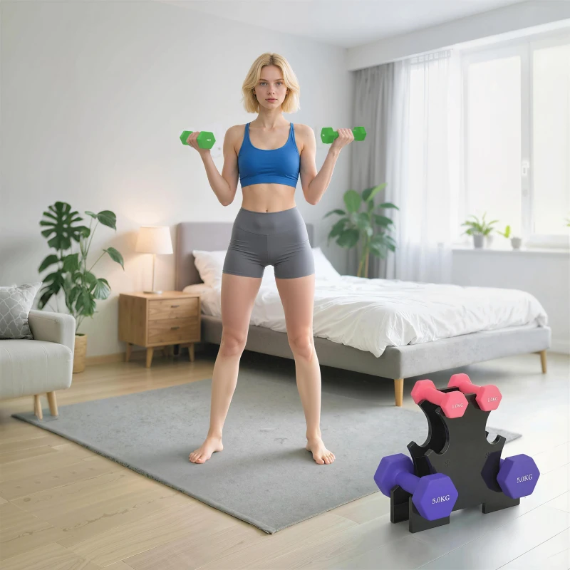 SPORTNOW Hex Dumbbells Set with Dumbbell Rack, Hand Weights for Strength Training Weight Lifting, 2 x 1kg, 2 x 3kg, 2 x 5kg