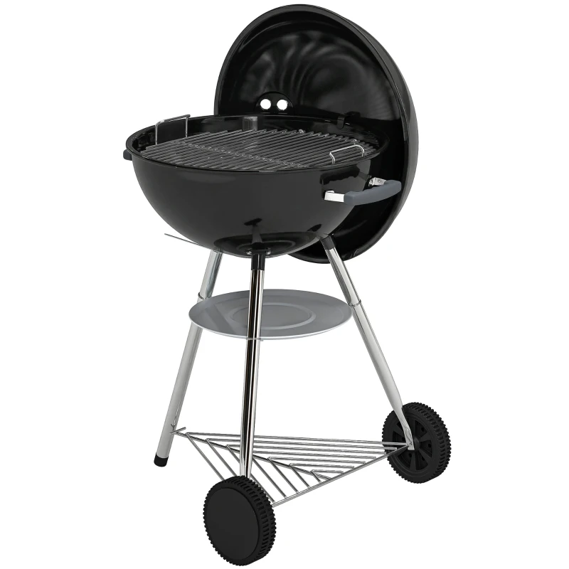 Outsunny tragbarer Holzkohlegrill, runder Außen-Grill mit Deckel, Thermometer, Räder, schwarz.