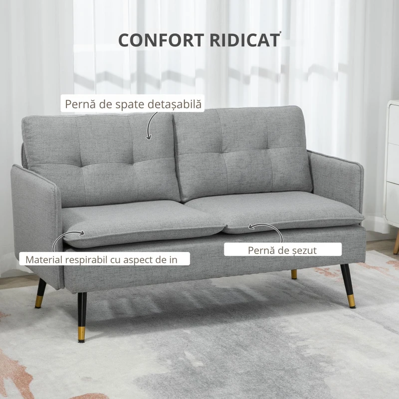 HOMCOM Canapea cu 2 Locuri din Material Textil cu Perne Capitonate, Canapea Modernă cu 2 Locuri cu Picioare din Oțel 139x68x80cm, Gri