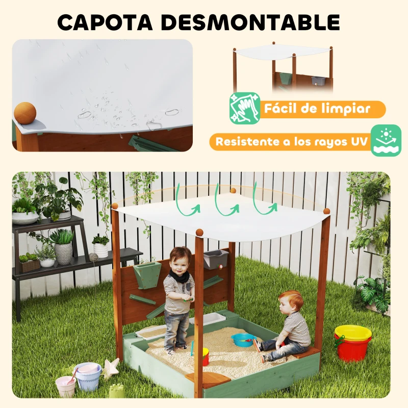 AIYAPLAY Arenero para Niños de Madera con Techo Arenero Infantil con 2 Asientos 2 Cajas Grifo Embudo 116x112,5x128 cm Verde