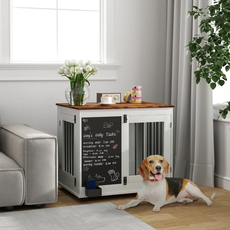 PawHut Cage pour chien cage chien intérieur avec 2 portes tableau noir pour chiens taille moyenne 20 kg 80 x 60 x 70 cm blanc
