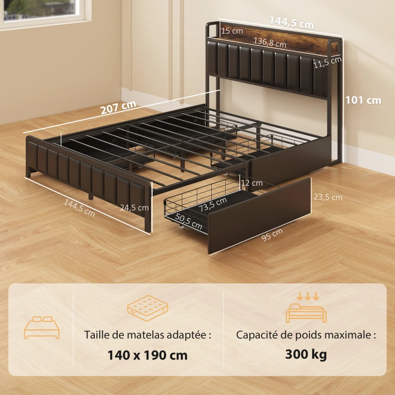 HOMCOM Cadre de lit 140 x 190 cm avec sommier à lattes en métal, lit double rembourré avec 4 tiroirs et étagère, noir