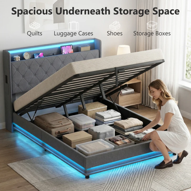 HOMCOM Stelaż łóżka 140 x 200 cm z zagłówkiem i podnóżkiem, platforma z hydraulicznym schowkiem, oświetleniem LED