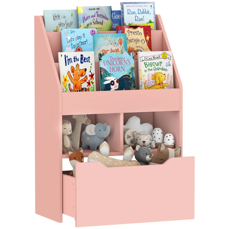 HOMCOM Kids Bookshelf, Toy Organiser, with Storage Drawer, Wheels - Pink