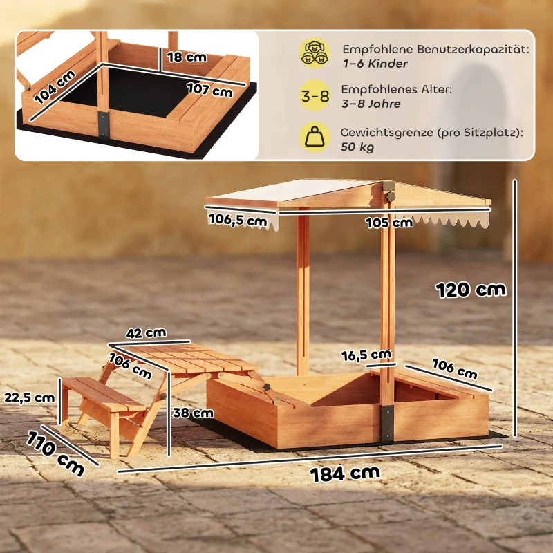 AIYAPLAY Sandkasten mit Dach Sandkiste aus Holz mit klappbarem Picknicktisch Sitzbänken für 3-8 Jahre 184 x 110 x 120 cm Braun
