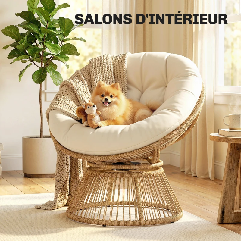 Outsunny Fauteuil Papasan Pivotant 360° Fauteuil de Jardin en Polyrotin Coussin Moelleux 12cm 93 x 81 x 87 cm Naturel