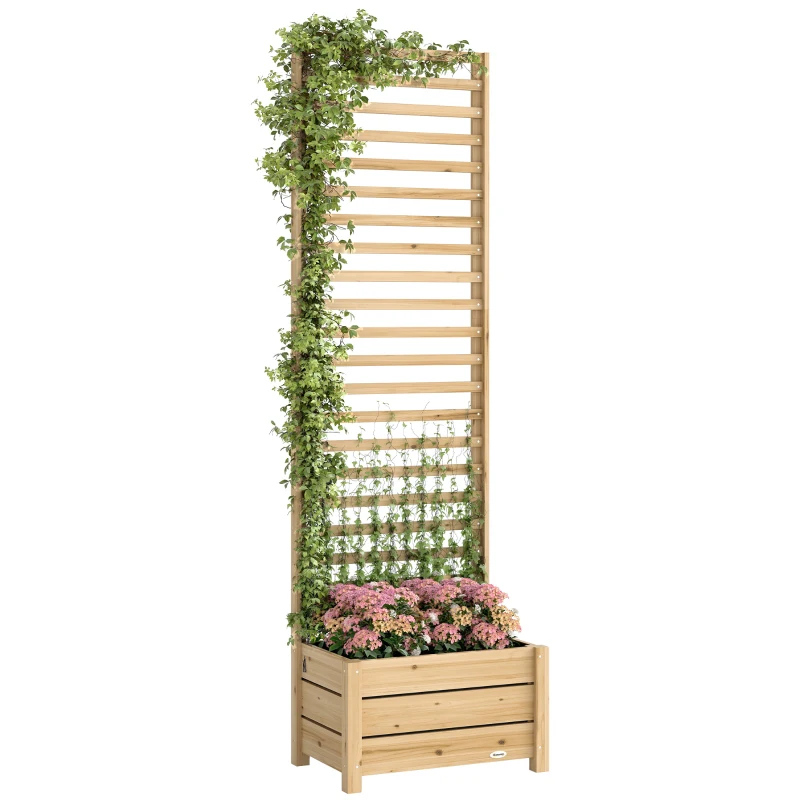 Outsunny Hochbeet mit Rankgitter Holz erhöhter Blumenkasten mit Spalier Abflussloch Vliesstoff 60 x 39 x 200 cm Naturholz