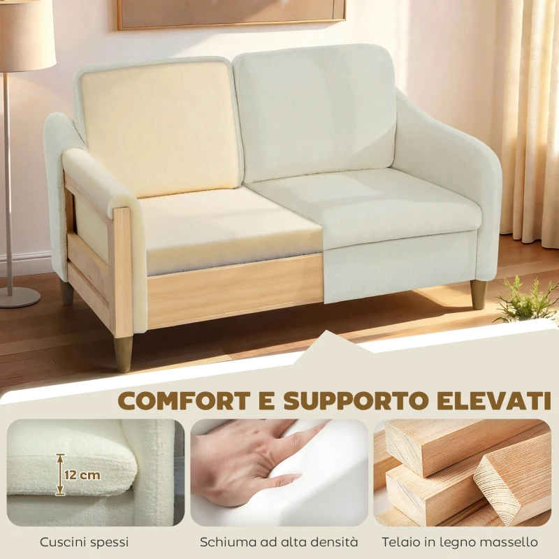 HOMCOM Divano 2 posti, in tessuto bouclé con cuscini inclusi, seduta imbottita, 137 x 69 x 82 cm, Crema