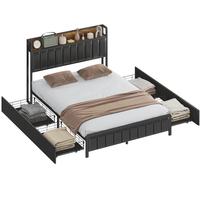 HOMCOM Cadre de lit 140 x 190 cm avec sommier à lattes en métal, lit double rembourré avec 4 tiroirs et étagère, noir