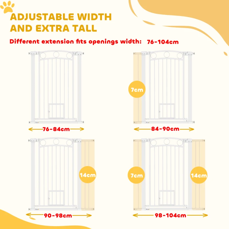 PawHut 104cm Tall Dog Gate with Cat Door, 7cm and 14cm Extensions, for Stairs & Doorways, 76-104cm Width