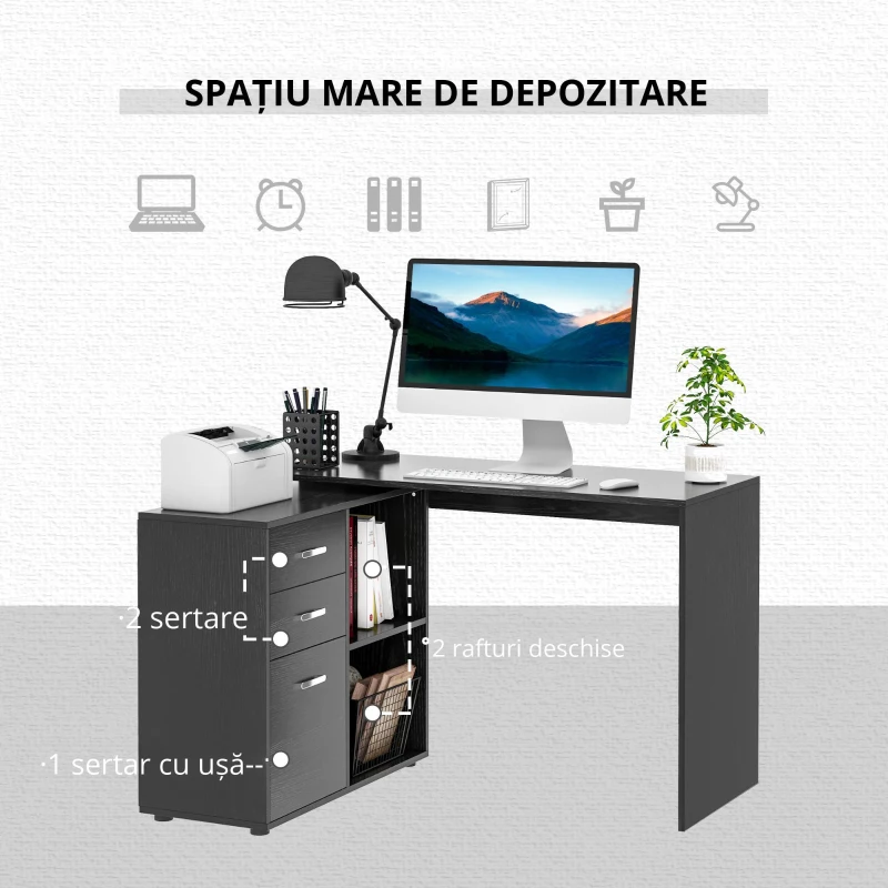 HOMCOM Masa de Birou de colt cu Sertar, pentru Birou si Casa, in Forma de L, Neagra
