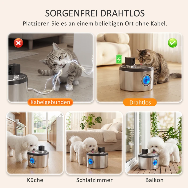 PawHut Katzenbrunnen 4L Kabellos Edelstahl Trinkbrunnen mit Bewegungsmelder 6 Filtern zweifaches Filtersystem LED Silber