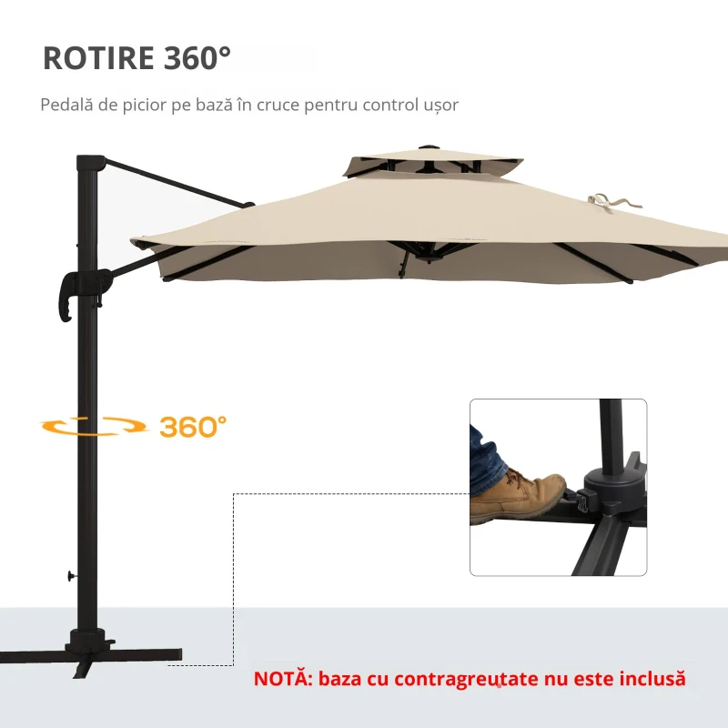 Outsunny Umbrelă de grădină cu braț, 3x3 m, înclinabilă în 6 poziții, din aluminiu și poliester, culoare kaki