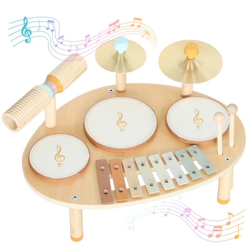 AIYAPLAY Baby Drum Kit, Wooden Kids Musical Instruments with Drums and Xylophone, Gifts for Girls Boys Birthday, Natural