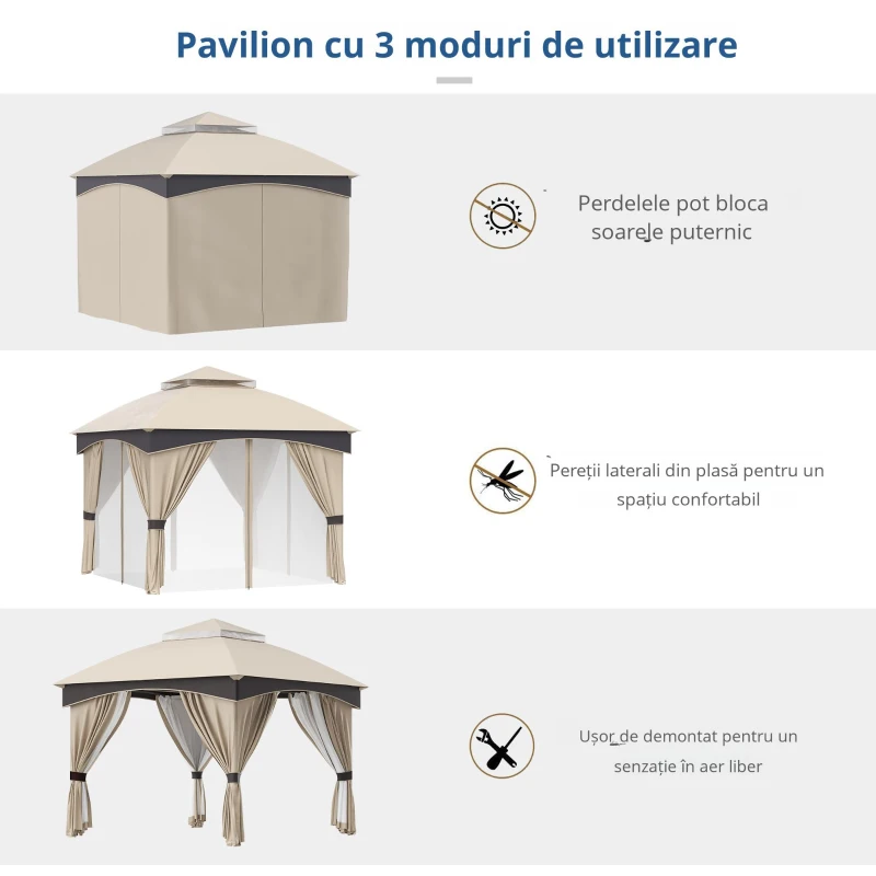 Outsunny Foișor de Grădină 3x3m, Pavilion Exterior cu Acoperiș Dublu, Include Plasă de Tânțari și Draperii Laterale, Cadru Metalic Robust, Bej/Maro