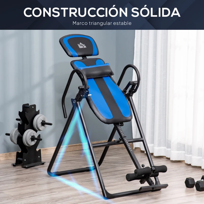 HOMCOM Tabla de Inversión Plegable con Ruedas Altura Ajustable 140-203 cm con Cinturón de Seguridad Carga 110kg Negro y Azul
