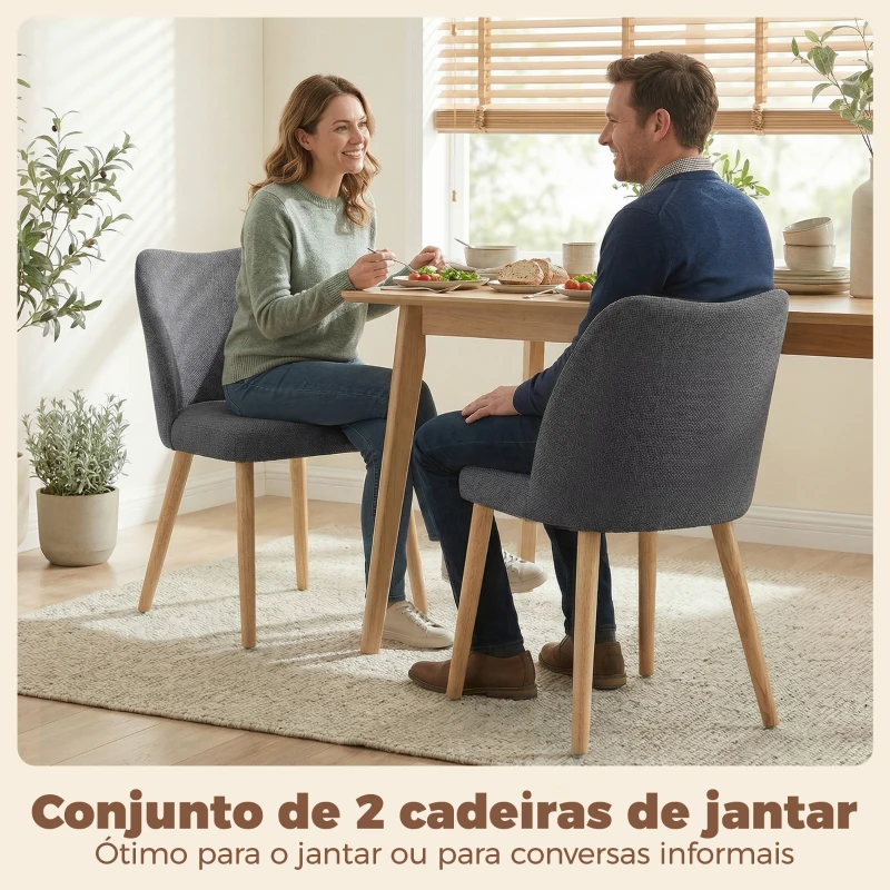 HOMCOM Set 2 Scaune Moderne cu Tapițerie din In, Șezut Confortabil, Spătar Curbat, Picioare din Lemn, Asamblare Ușoară pentru Bucătărie, Cameră, Living.