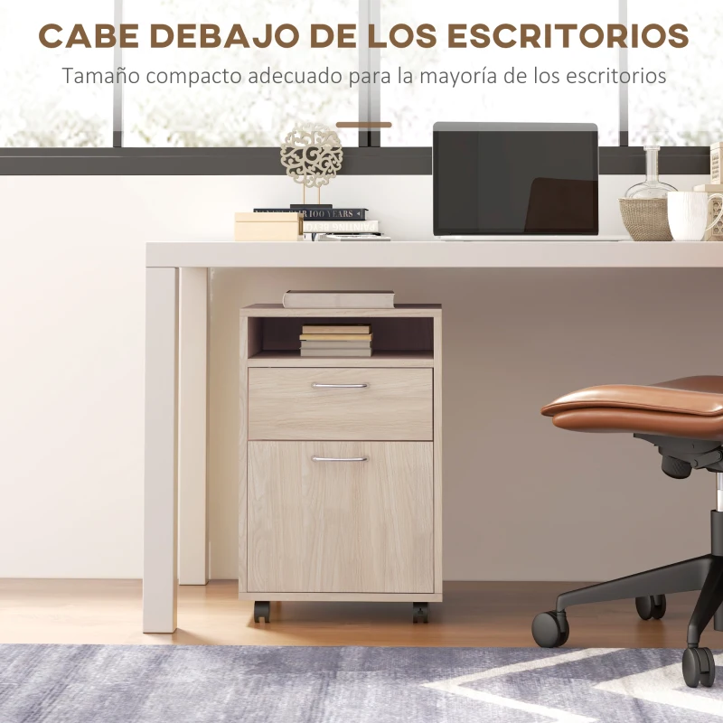 HOMCOM Cajonera de Escritorio con Ruedas Cajón Compartimento Puerta Archivador Móvil para Estudio 40x35x60 cm Roble