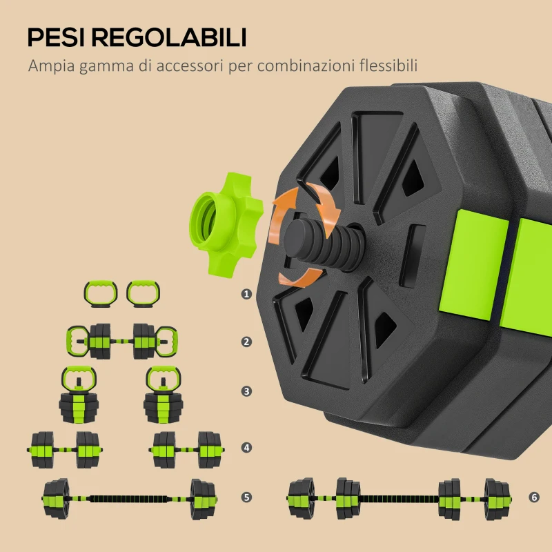 SPORTNOW Set Pesi Palestra 6 in 1 Multifunzione da 25kg Totali in Plastica e Sabbia, 125x18x18 cm, Verde
