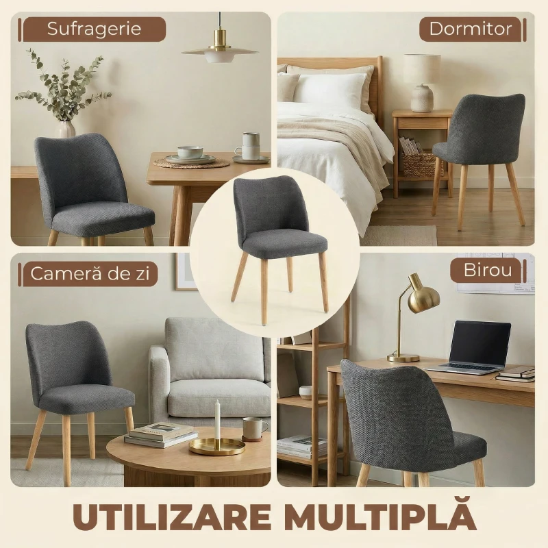 HOMCOM Set 2 Scaune Moderne cu Tapițerie din In, Șezut Confortabil, Spătar Curbat, Picioare din Lemn, Asamblare Ușoară pentru Bucătărie, Cameră, Living.