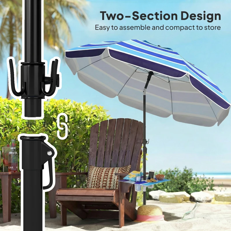 Outsunny Parasol Plażowy Ø198 cm UV30+ z Składanym Stolikiem i Uchwytami na Napoje, Regulowany, Wielokolorowy