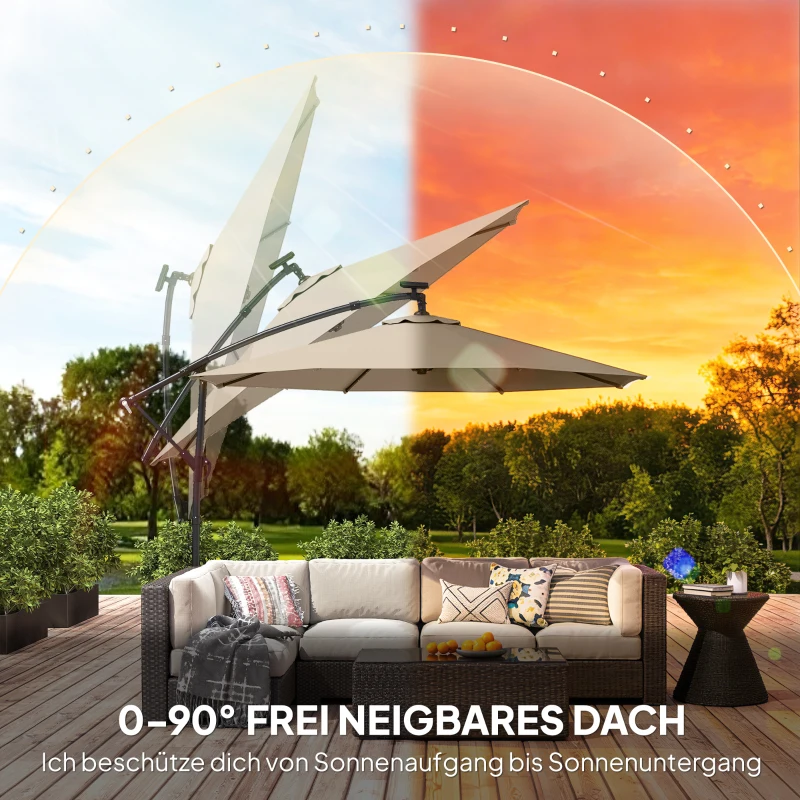 Outsunny Ampelschirm LED Solar ca. Ø300 cm Drehbar Sonnenschirm mit Kurbel Ständer Schutzhülle Beige